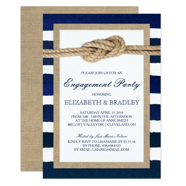 Nautical Knot Navy Stripes Bridal Engagement Party Invitation