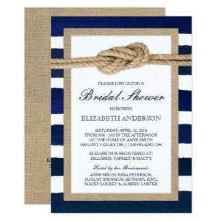 Nautical Knot Navy Stripes Rustic Bridal Shower Invitation