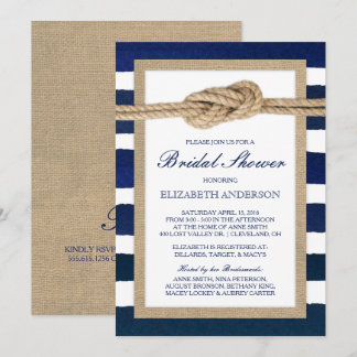 Nautical Knot Navy Stripes Rustic Bridal Shower Invitation