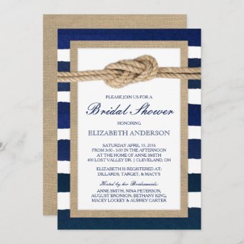 Nautical Knot Navy Stripes Rustic Bridal Shower Invitation by ModernMatrimony at Zazzle