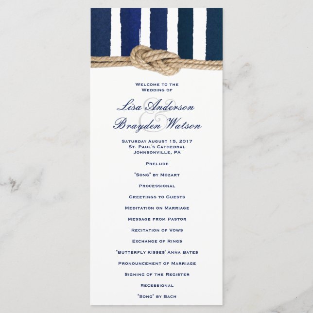 Nautical Knot Navy Stripes Wedding Program (Front)