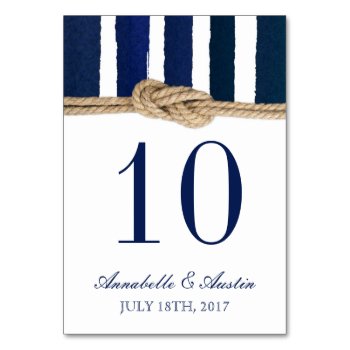 Nautical Knot Navy Stripes Wedding Table Card by ModernMatrimony at Zazzle