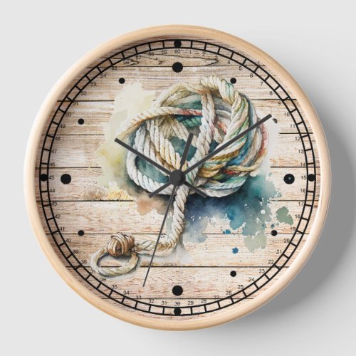 Nautical knot on wood watercolor beach house clock
