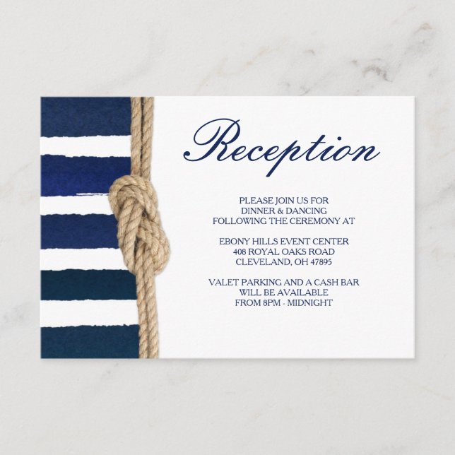 Nautical Knot & Watercolor Navy Stripes Reception Enclosure Card (Front)