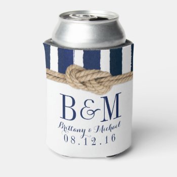 Nautical Knot Watercolor Navy Stripes Wedding Can Cooler by ModernMatrimony at Zazzle