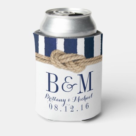 Nautical Knot Watercolor Navy Stripes Wedding Can Cooler