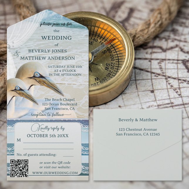 Nautical Lace Gannets Beach Wedding All In One Invitation (Creator Uploaded)
