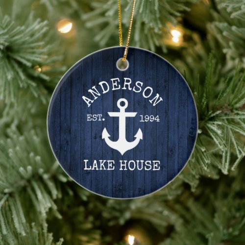 Nautical Lake House Anchor Blue Wood Family Name Ceramic Ornament