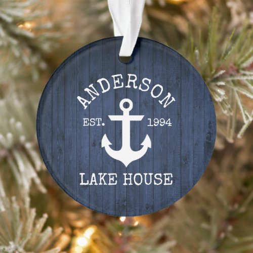 Nautical Lake House Anchor Blue Wood Family Name Ornament