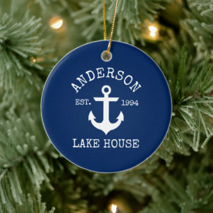 Nautical Lake House Anchor Family Name Blue Ceramic Ornament