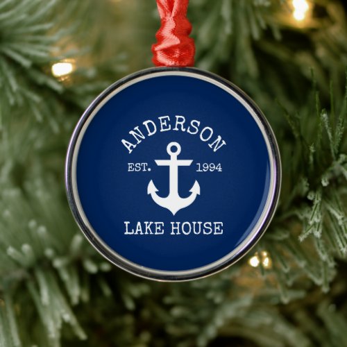 Nautical Lake House Anchor Family Name Blue Metal Ornament