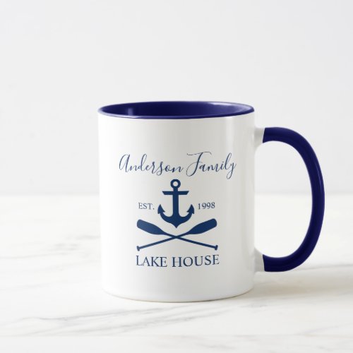 Nautical Lake House Anchor Oars Family Blue White Mug