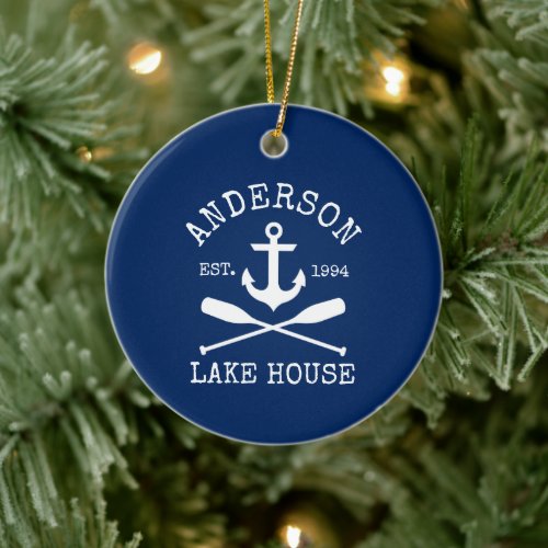 Nautical Lake House Anchor Oars Family Name Blue Ceramic Ornament