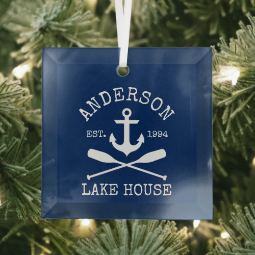 Nautical Lake House Anchor Oars Family Name Blue Glass Ornament