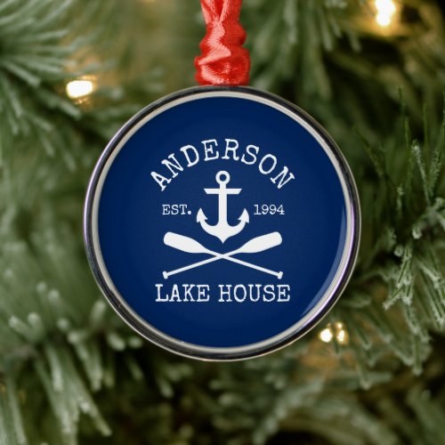 Nautical Lake House Anchor Oars Family Name Blue Metal Ornament