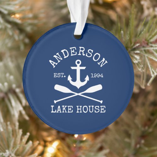 Nautical Lake House Anchor Oars Family Name Blue Ornament