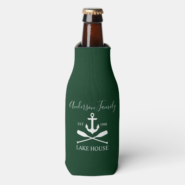 Nautical Lake House Anchor Oars Family Name Green Bottle Cooler (Bottle Front)