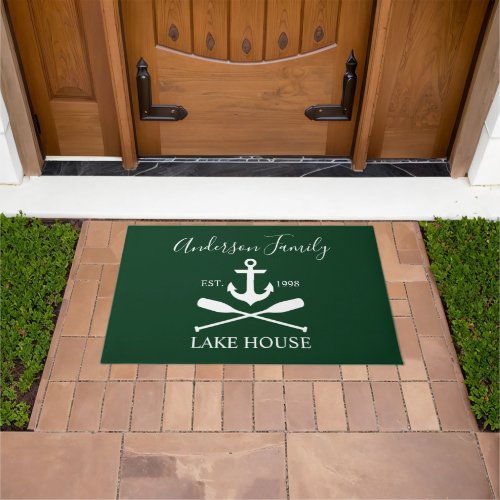 Nautical Lake House Anchor Oars Family Name Green Doormat
