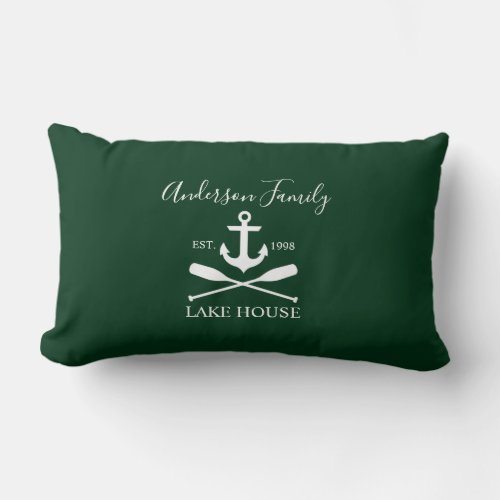 Nautical Lake House Anchor Oars Family Name Green Lumbar Pillow