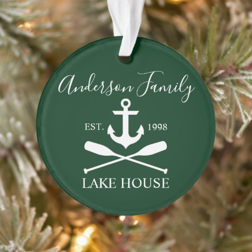 Nautical Lake House Anchor Oars Family Name Green Ornament