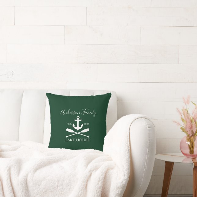 Nautical Lake House Anchor Oars Family Name Green Throw Pillow (Couch)
