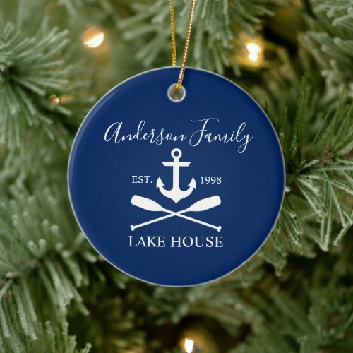 Nautical Lake House Anchor Oars Family Navy Blue Ceramic Ornament