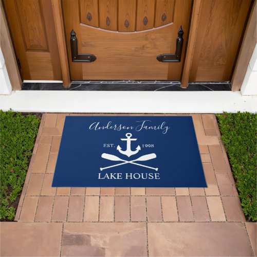 Nautical Lake House Anchor Oars Family Navy Blue Doormat