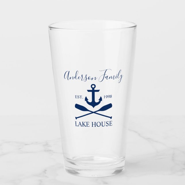 Nautical Lake House Anchor Oars Family Navy Blue Glass (Front)