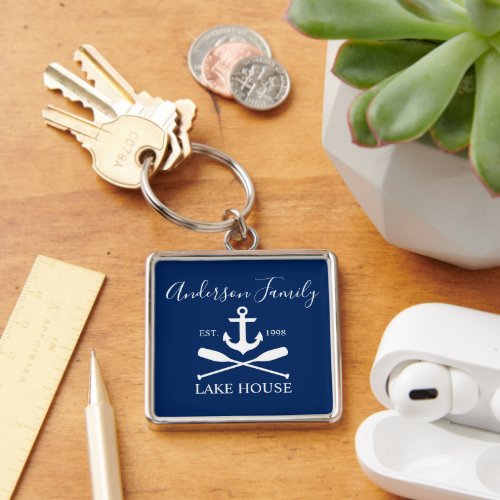 Nautical Lake House Anchor Oars Family Navy Blue Keychain