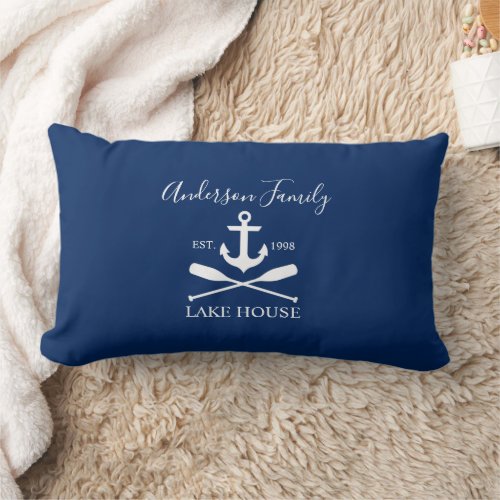 Nautical Lake House Anchor Oars Family Navy Blue Lumbar Pillow