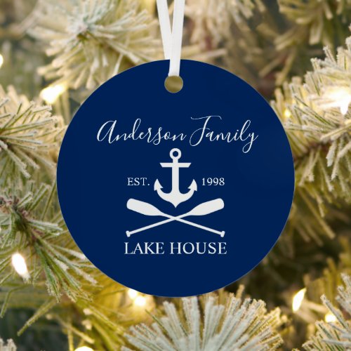 Nautical Lake House Anchor Oars Family Navy Blue Metal Ornament