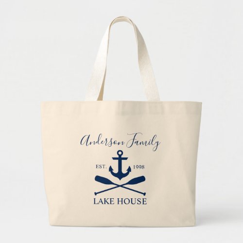 Nautical Lake House Anchor Oars Navy Blue Family Large Tote Bag