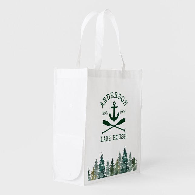 Nautical Lake House Anchor Oars Pines Grocery Bag (Front Side)
