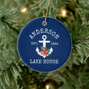 Nautical Lake House Anchor Winter Floral Blue Ceramic Ornament