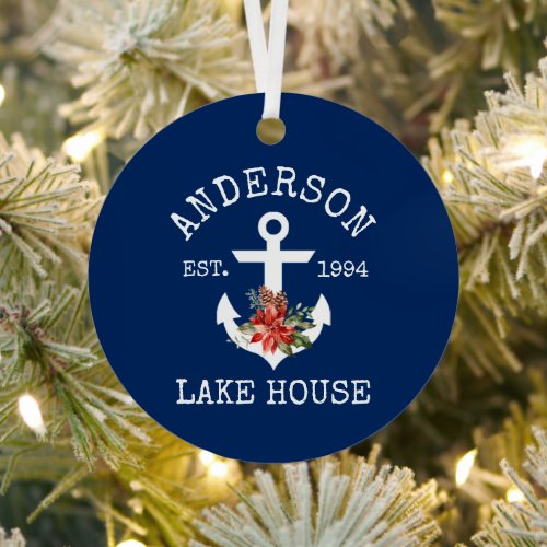 Nautical Lake House Anchor Winter Floral Blue Metal Ornament