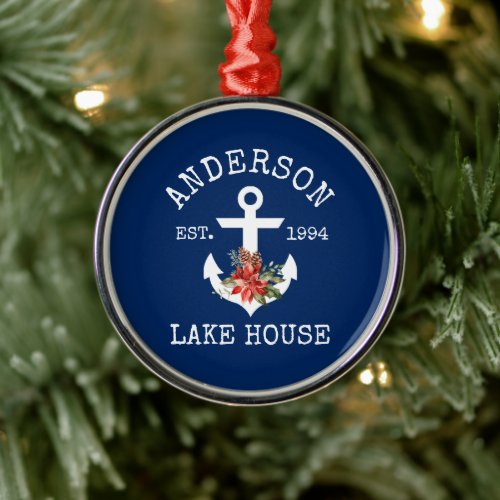 Nautical Lake House Anchor Winter Floral Blue Metal Ornament