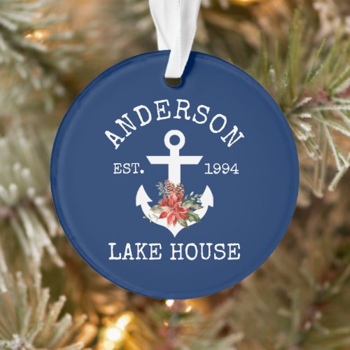 Nautical Lake House Anchor Winter Floral Blue Ornament