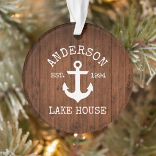 Nautical Lake House Anchor Wood Family Name Ornament