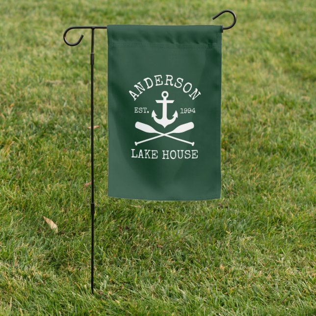 Nautical Lake House Family Anchor Oars Green Garden Flag (In SItu)