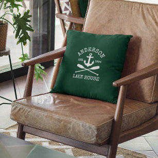 Nautical Lake House Family Anchor Oars Green Outdoor Pillow