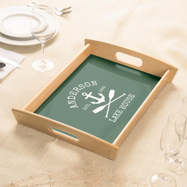Nautical Lake House Family Anchor Oars Green Serving Tray (Front)