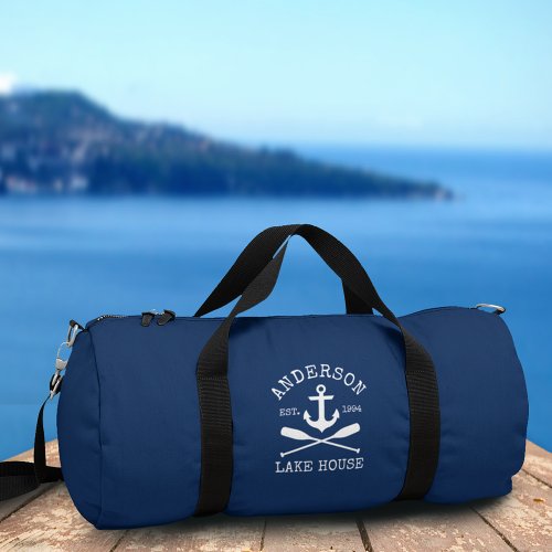 Nautical Lake House Family Anchor Oars Navy Blue Duffle Bag