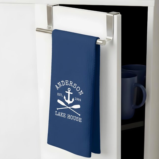 Nautical Lake House Family Anchor Oars Navy Blue Kitchen Towel (Customize to change background color.)