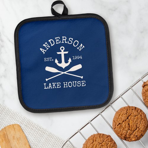 Nautical Lake House Family Anchor Oars Navy Blue Pot Holder