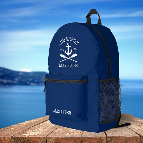 Nautical Lake House Family Anchor Oars Navy Blue Printed Backpack