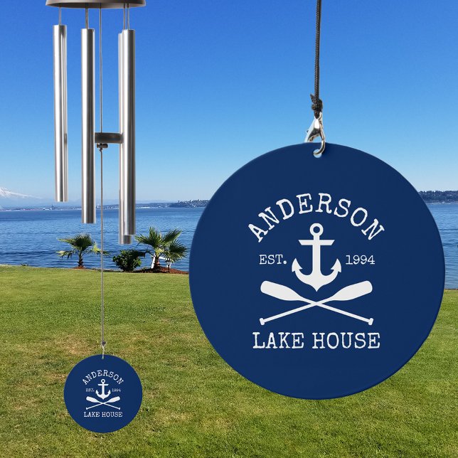 Nautical Lake House Family Anchor Oars Navy Blue Wind Chime (Wind Chime - Customize with your family name and more)