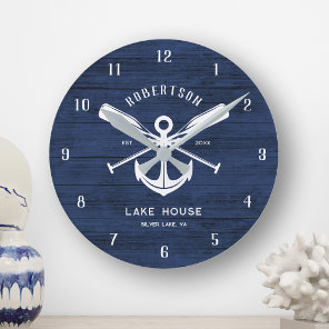 Nautical Lake House Family Name Anchor Blue Wood Round Clock