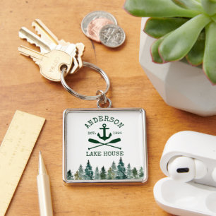 Nautical Lake House Family Name Anchor Oars Pines Keychain
