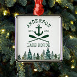 Nautical Lake House Family Name Anchor Oars Pines Metal Ornament<br><div class="desc">Nautical Lake House Family Name Anchor Oars Christmas Ornament includes Watercolor Green Pine Trees</div>