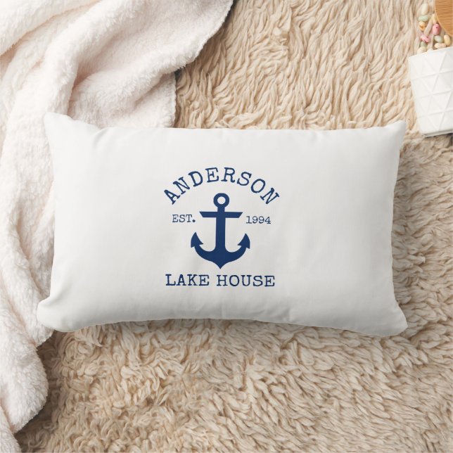 Nautical Lake House Family Name  Navy Blue Anchor Lumbar Pillow (Blanket)